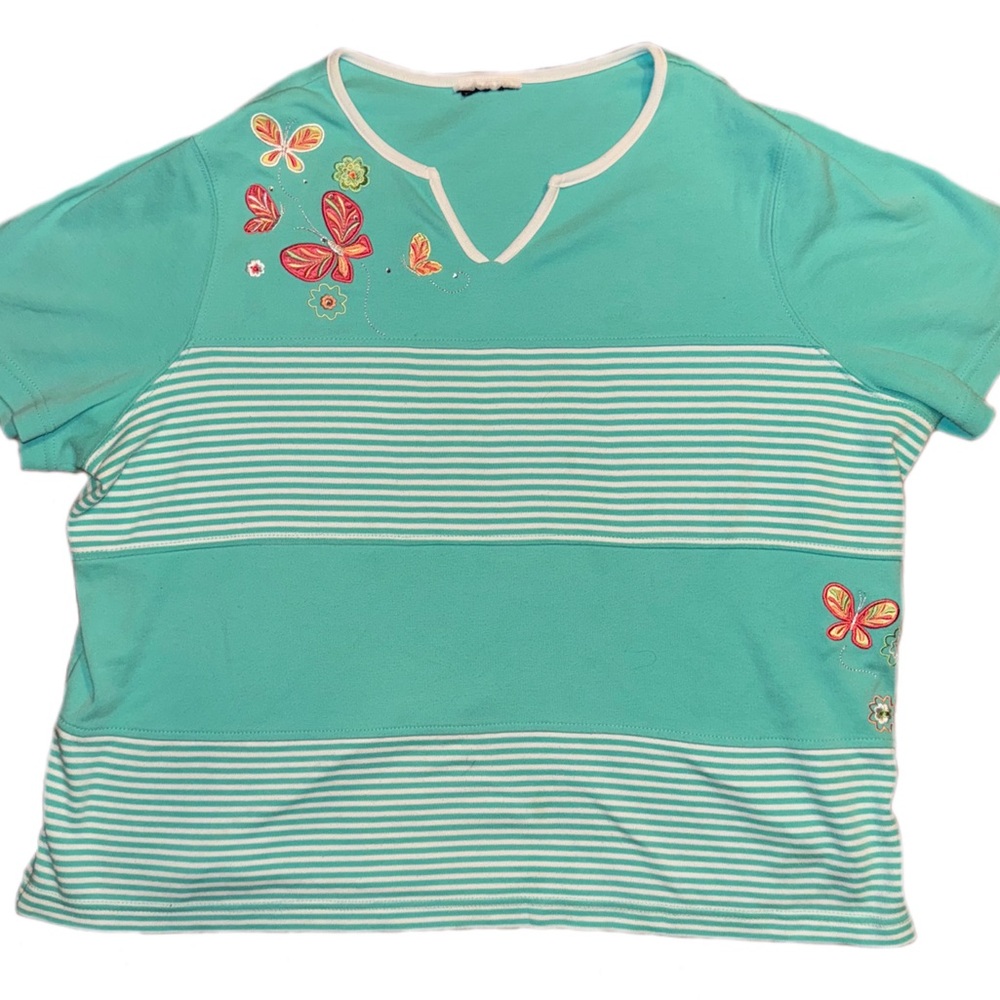 vintage teal striped embroidered bedazzled butterfly blouse